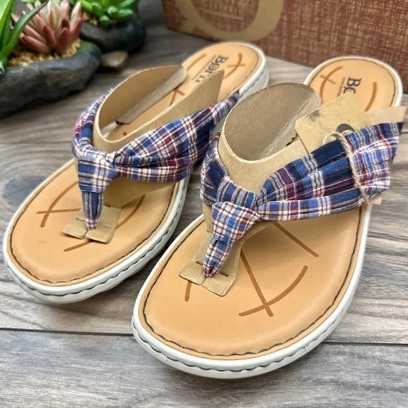 NIB Born Tide Plaid Flip Flops Thong Sandal Navy - Picture 3 of 11